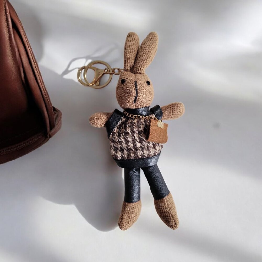 ❤️7" Bunny Hand Bag Charm Keychain Wearing Houndstooth Sweater & Purse - Picture 8 of 9